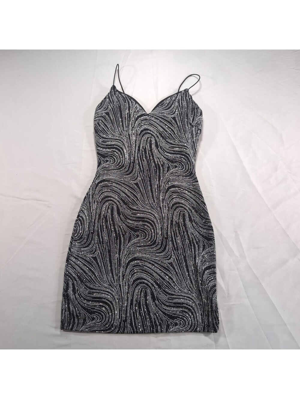 Lovely Day Glitter Metallic Swirl Mini Dress Bodycon Black Silver Small